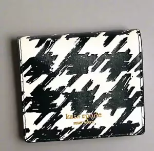 Kate Spade Morgan Houndstooth Compact Wallet Black Leather Bifold Painterly - Picture 1 of 6