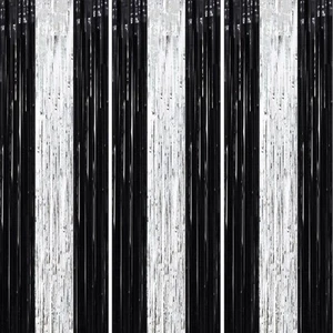 3 Pack 3.3 x 8.2 ft Black and Silver Foil Fringe Backdrop Curtains Tinsel Str... - Picture 1 of 7