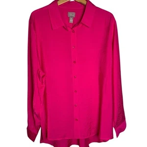 Chicos Top Womens Size 4 Drapy Crinkle Ultra Pink Button Down Long Sleeve NWT - Picture 1 of 6