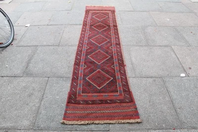 Vintage Main Fabriqué Afghan Mushvani Oriental Red Laine Étroit Chemin 250x63cm - Image 1 of 4