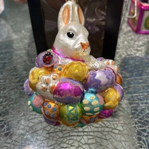 Vintage Christopher Radko Glass Ornament Hoppy Easter Bunny on Colorful Eggs 6x5 - Picture 1 of 4