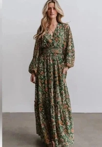 New Baltic Born Feminine Flowy Green Floral L/S Maxi Dress M Boho Smocked Waist - Picture 1 of 12