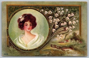 Vintage 1912 Valentine Postcard with Woman & Lily of the Valley Flowers - Picture 1 of 2