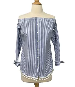 Kate McHale Jensen Striped Off Shoulder Shirt Pom-Pom Trim Blue White Size XS - Picture 1 of 7
