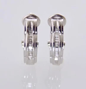 14K WHITE GOLD BAGUETTE DIAMOND HOOP HUGGIE EARRINGS OMEGA BACK .70" LONG - Picture 1 of 9
