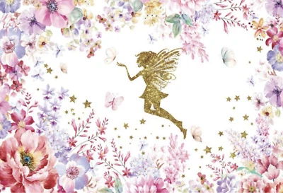 FAIRY GLITTER FLOWERS BUTTERFLIES PERSONALISED BIRTHDAY PARTY BANNER BACKDROP - Image 1 of 3