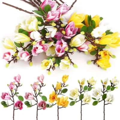 Ramo falso de flor de magnolia artificial de tallo largo ramo boda fiesta decoración del hogar Foto 1 de 4