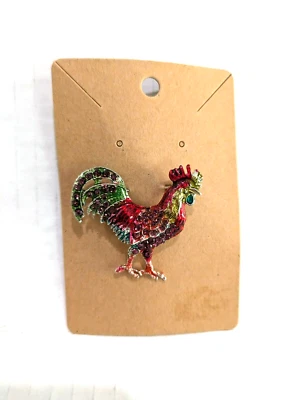 Broche prendedor de diamantes de imitación y esmalte de cristal colorido de gallo Foto 1 de 4