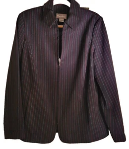Tanjay Woman's Black w/ Red Silver Pinstripes Collared Jacket Front Zip Size M - Picture 1 of 5