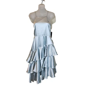 Lulus Call You Up Dress Mint Blue Satin Tiered Asymmetrical Midi Ruffle Size M - Picture 1 of 13