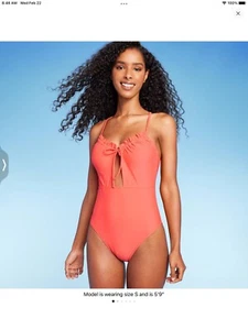 Shade & Shore Front Cut Out One Piece Ruffle Bathing Suit Small NWT orange red - Picture 1 of 4