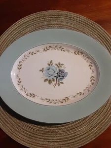 Barratts England Delphatic China Oval Platter 12" Aqua Blue Leaves Roses - Picture 1 of 12