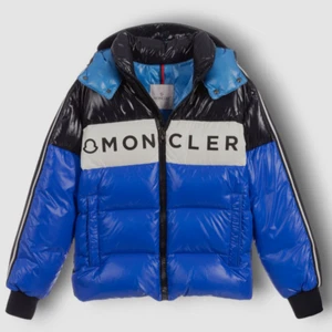 $800 MONCLER Kids Teen Boys Blue Striped Quilted Puffer Hooded Jacket Size 5 - Picture 1 of 8