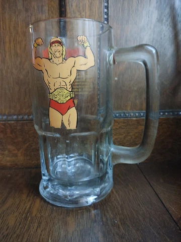 Vtg 1985 WWF WWE HULKAMANIA Hulk Hogan Wrestling Glass Mug 8" 32oz Beer Stein Cover