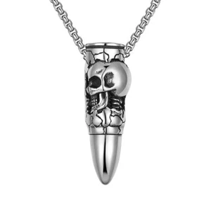 Silver Bullet with Skull Necklace with 24" Chain, Punk, Biker, Steampunk, Goth - Picture 1 of 4