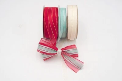 Valentines Day Sale 1.5+7/8x 25YD +3/8" 20YD Stripe Red & PolkaDots Sheer Ribbon - Image 1 of 4