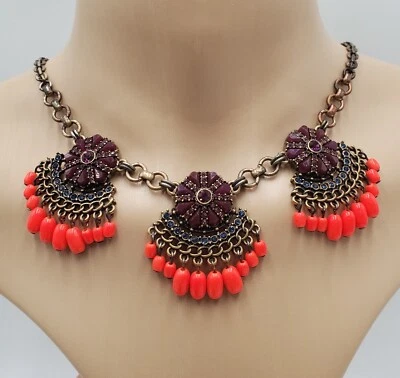 J Crew Necklace 18in +3 Brass Tone Neon Orange Bead Purple Crystals READ Flaw - Image 1 of 4