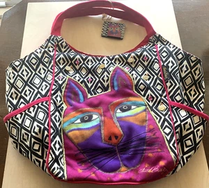 Laurel Burch Tote Bag Cat Face 13" x 21" Canvas Zipper Mirror Black White Pink - Picture 1 of 8
