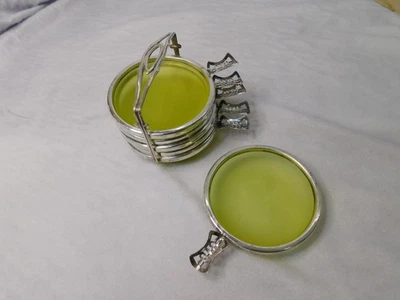 Antiguo juego de 6 ceniceros Art Deco de plata de ley y vidrio vaselina Foto 1 de 4