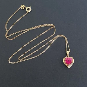 Vintage 9ct Yellow Gold Ruby & Diamond Heart Pendant Necklace 18" Curb Chain - Picture 1 of 21