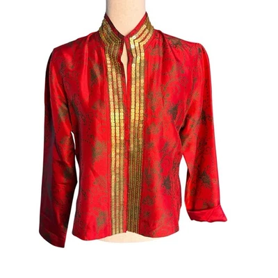 Chicos 100% Silk Jacket Womens Size 1 US M Red Gold Sequins Open Front Asian - Image 1 of 4