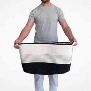 Large black & white cotton rope basket, blanket basket, storage basket, laundry - Picture 1 of 7