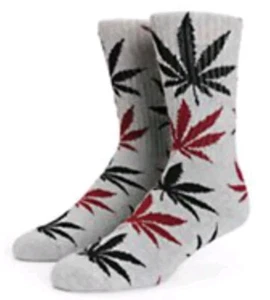 HUF Plantlife 420 GRAY Maroon Black Leaf Crew Socks - Picture 1 of 3