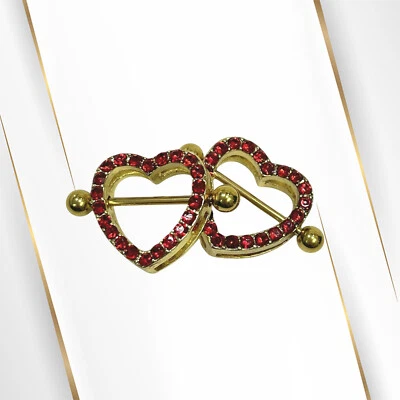 Paved CZ Red Sparkle Heart Rhinestone Nipple Rings Shield Piercing Barbells 14G - Image 1 of 4
