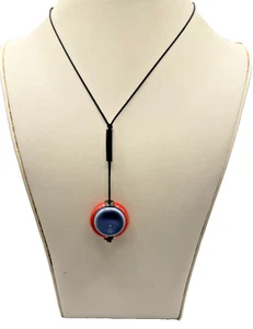 Black Cord Necklace With Round Red And Blue Synthetic Pendant 26" - Picture 1 of 5