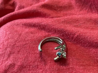 Anillo para gato con ojos de vidrio azul Auqua talla 9-10 recubierto de plata curvado de una pieza Foto 1 de 4