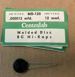 NOS Centralab Type MD Molded Disc Ceramic BC Hi-Kaps, MD-120, 12 MMF 600VDC - Picture 1 of 4
