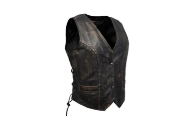 Chaleco de cuero para motocicleta para mujer con tachuelas, cierre a presión marrón - S,M,L,XL,2XL,3XL Foto 1 de 4