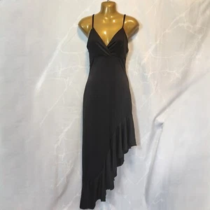 Asymmetrisches Spaghettiträger Kleid Gr. S schwarz Satin V-Ausschnitt Rüschen Abschlussball Tanz - Bild 1 von 13