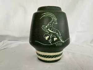 Vintage Gmundner Keramik Austria Green Pottery Vase Mid Century Gazelle Deer MCM - Picture 1 of 6