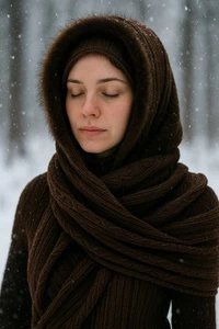 Vintage Brown Knit Hooded Scarf Snood Wrap w/ Faux Fur Trim Winter Cozy - Picture 1 of 6