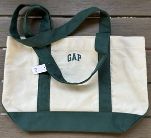 GAP Tote Bag Logo Canvas Green Straps Beige 14.5 x10" 2024 New +Tags Please Read - Picture 1 of 10