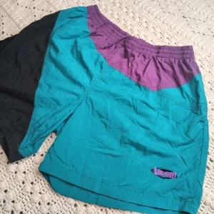 Vtg Laguna Mens L Purple Teal Black Color Block 90s Lined Swim Trunks Rad Nylon - Picture 1 of 14