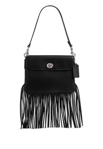 Borsa a tracolla Coach 1964 in pelle conciata a guanto con frange nera - Foto 1 di 8