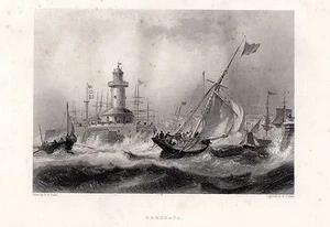 1851 VICTORIAN PRINT ~ RAMSGATE ~ PORT HARBOUR LIGHTHOUSE SHIPS - Imagen 1 de 1
