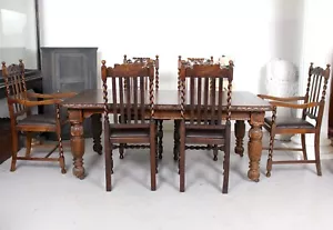 Antigua mesa de comedor de roble y 6 sillas de cuero tallado liso cebada victoriana - Imagen 1 de 21