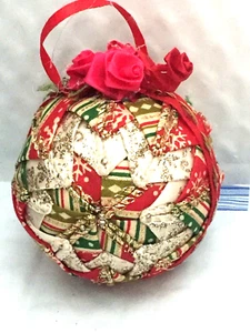 Christmas Ornament 8" C Decorative Ball  Patchwork/Rose design Handmade 3.5"T - Picture 1 of 5