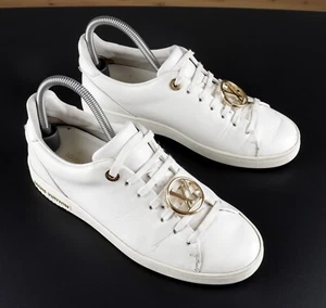 Women's Louis Vuitton Size US6 EUR 36 White Leather Gold Logo LV Sneakers - Picture 1 of 19