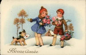 Vintage Children Winter Postcard with Dog and Flowers, New Year Greeting - Picture 1 of 2