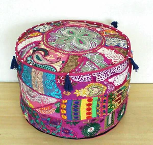 Embroidered ottoman puff cover Pink Vintage cotton patch work footstool cover - Picture 1 of 5