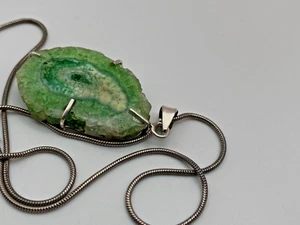 Sterling Silver 925 Pendant Necklace Slice Agate Green - Picture 1 of 12