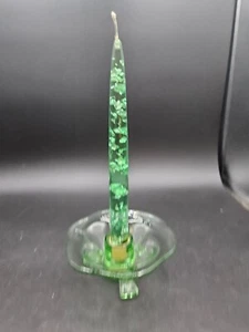 VTG. Fostoria Uranium Glass Candle Holder w/Green Lucite Candle Silver Flecks - Picture 1 of 10