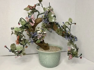 Vintage chinesischer Jade Glas Achat & Hartstein Blume Bonsai Baum in Vase - Bild 1 von 17