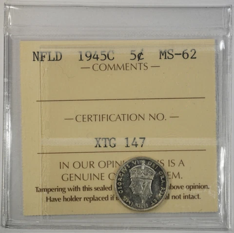 NEWFOUNDLAND 5 CENTS 1945-C SILVER (ICCS M S 62) *2-SIDED SEMI PROOFLIKE PIECE* Cover