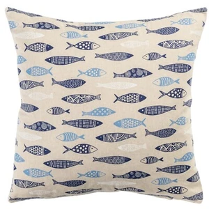 Deep Blue Sea Fish Print Linen Look Nautical Cushion Cover, Marine Blue. 17x17" - Picture 1 of 4