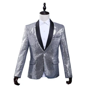 Men Glitter Sequin Peak Lapel Suit Jacket Blazer Top Wedding Prom Dance Show - Picture 1 of 17